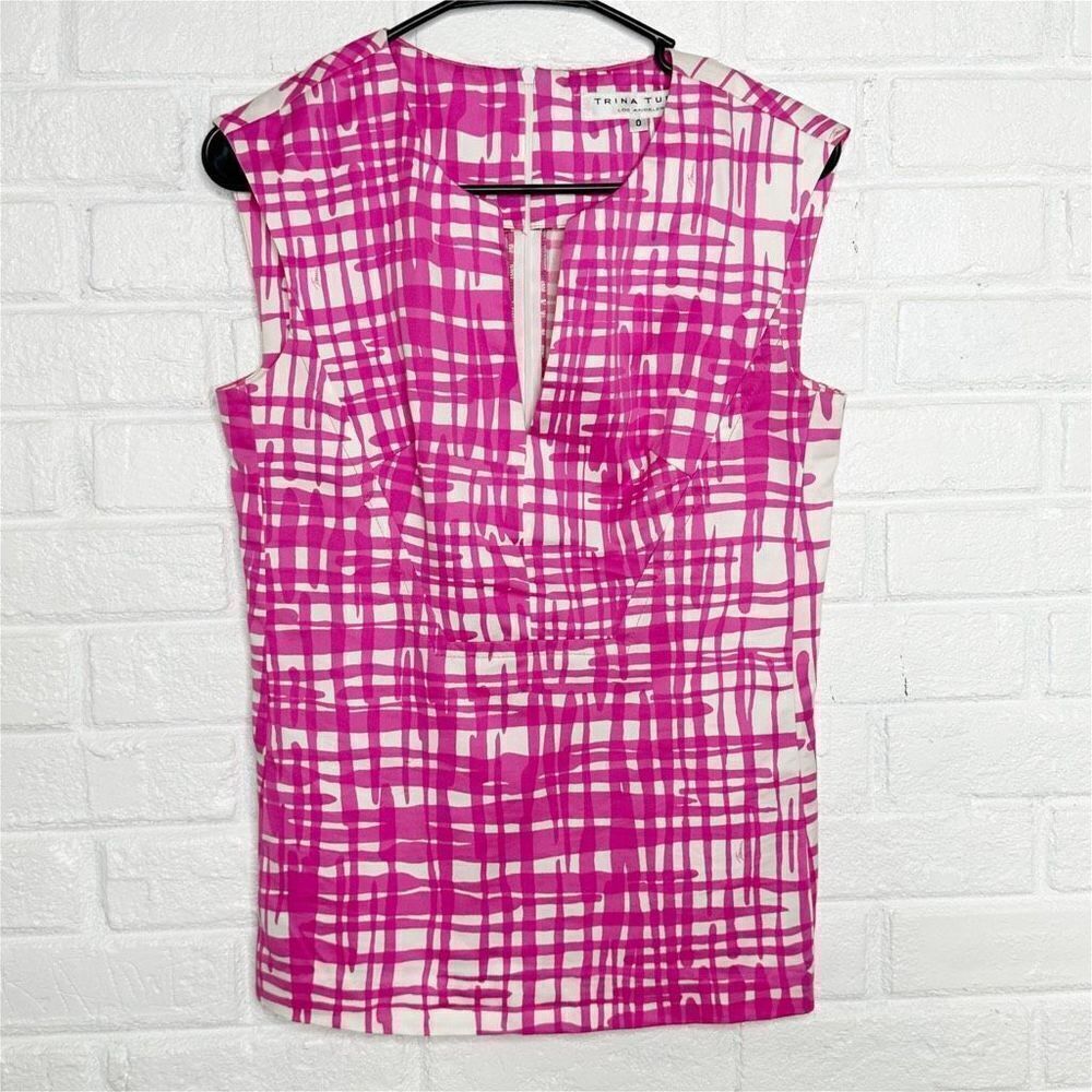 Trina Turk Hot Pink Brushstrokes Sleeveless Top Cotton Silk size 0